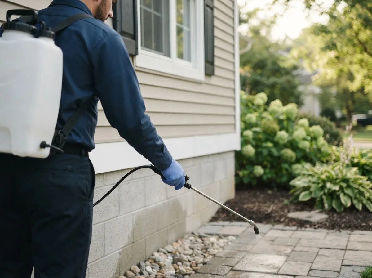 Pest control technician inspecting a home in Forest, OH